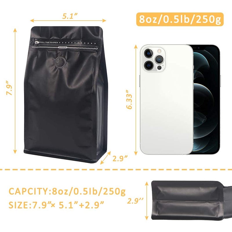 REMTAP Coffee Bags with Valve(50pcs,8 oz,1/2 lb) Black High Barrier Aluminumed Foil Flat Bottom Standing Coffee Beans Storage Bags,Reusable Heat Sealable Side Zipper Pouches for Home or Store - Image 2